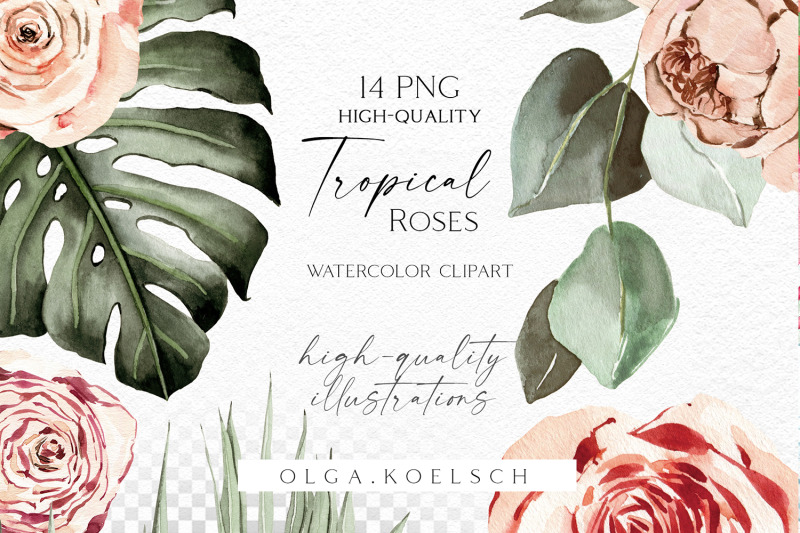 boho-tropical-clipart-watercolor-boho-roses-clipart-palm-leaves-png