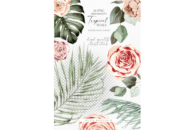 boho-tropical-clipart-watercolor-boho-roses-clipart-palm-leaves-png