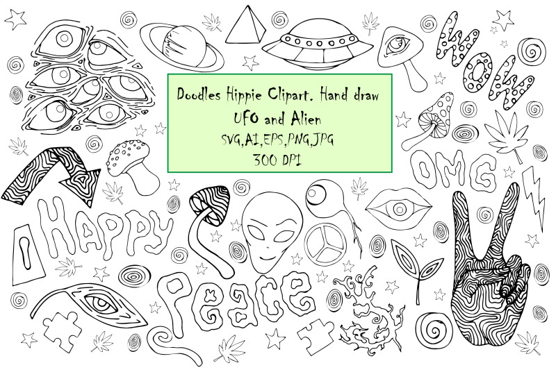 doodles-hippie-clipart-hand-daraw-ufo-and-alien-abstract-svg