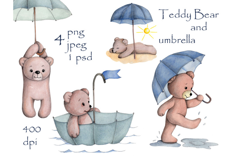 teddy-bears-and-umbrellas-watercolor-illustrations