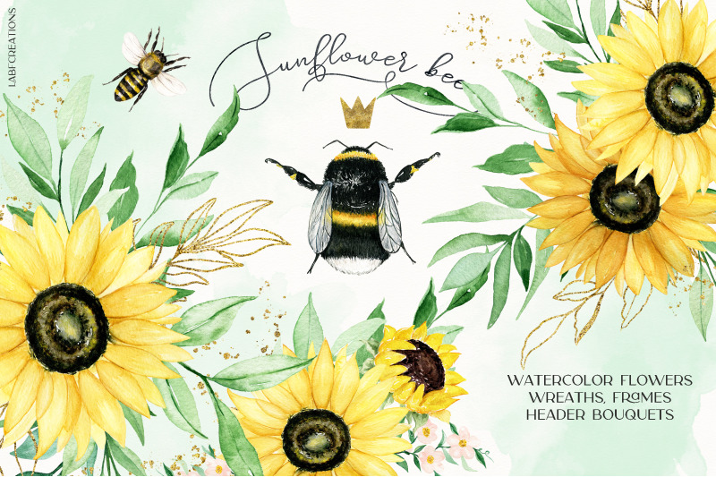sunflower-bee-watercolor-clipart