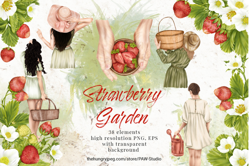 summer-strawberry-clipart-girl-garden-cottage-flower-leaves
