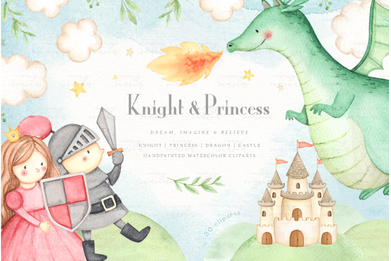 knight-amp-princess-watercolor-clip-arts