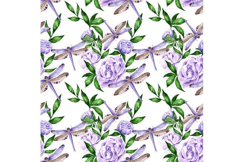 purple-dragonflies-watercolor-seamless-pattern-insect-pattern