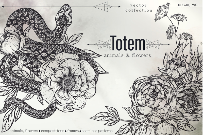 totem-animals-and-flowers-vector-set