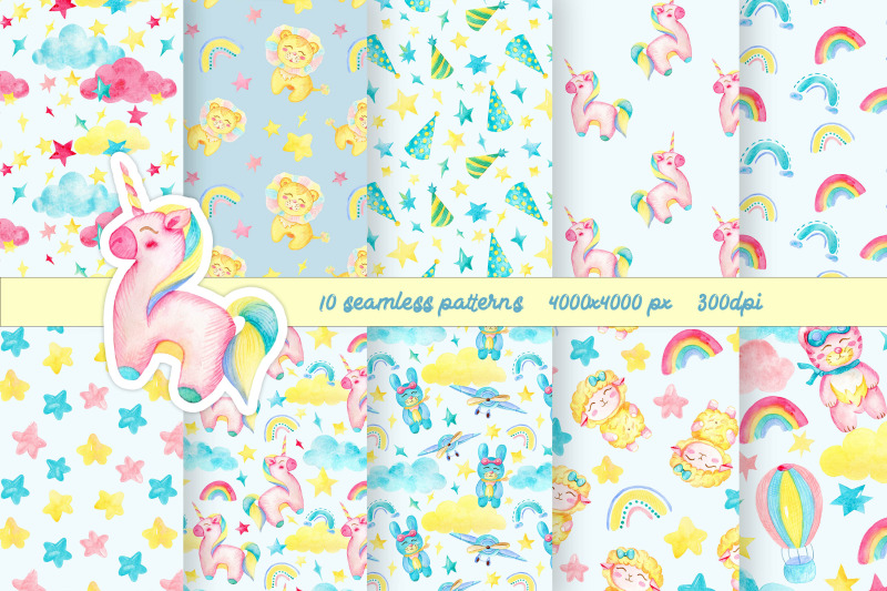 unicorn-seamless-pattern-pack-kids-digital-paper-pack-children-ill