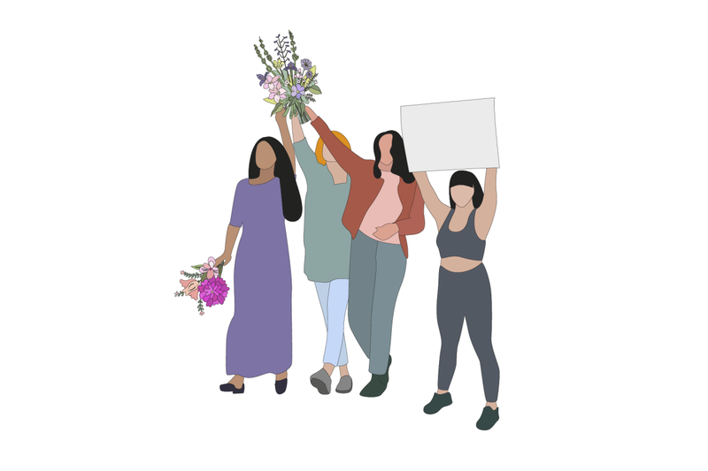 women-group-with-flowers-and-placards-struggle-for-peace-and-woman-ri