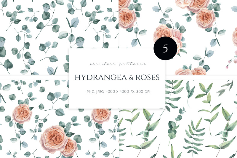 hydrangea-and-roses-seamless-patterns