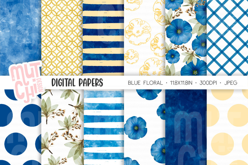 blue-floral-digital-papers-set