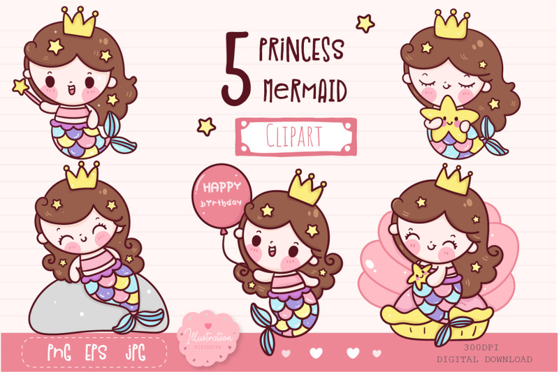 princess-mermaid-clipart-digital-download-kawaii-style