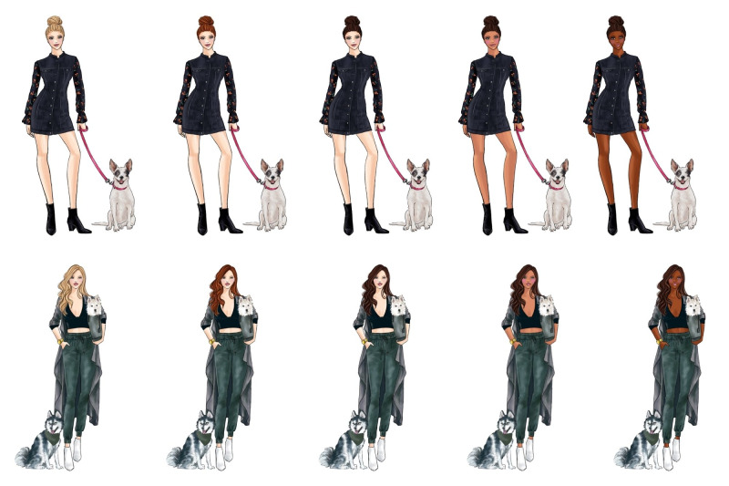 girls-with-dogs-fashion-clipart-set