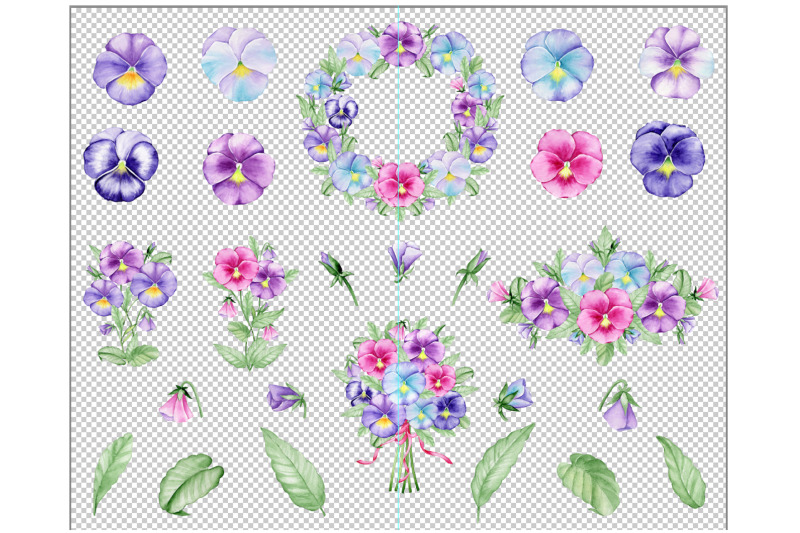 pansies-clipart-watercolour-violas-floral-elements-digital-bouquet