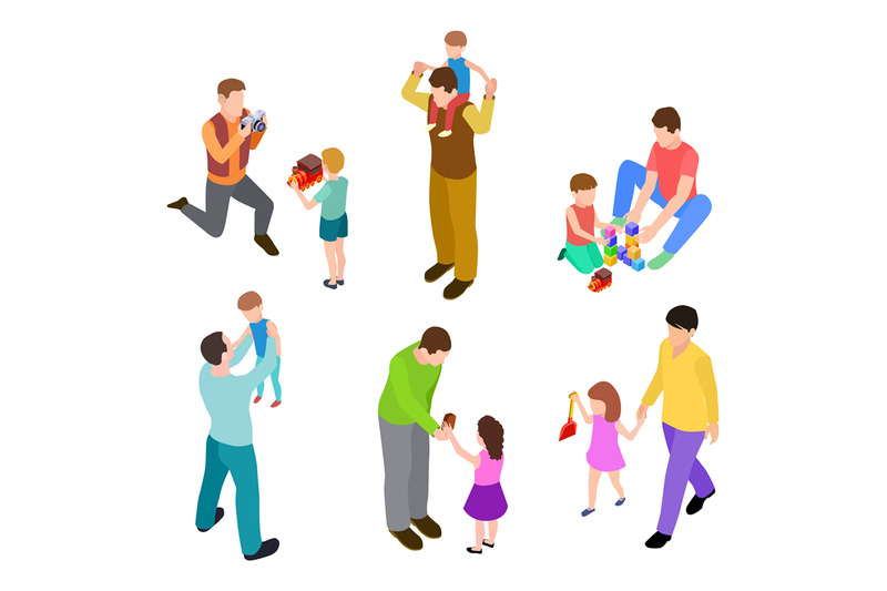 fathers-and-kids-isometric-joint-activity-of-dads-and-children-vecto