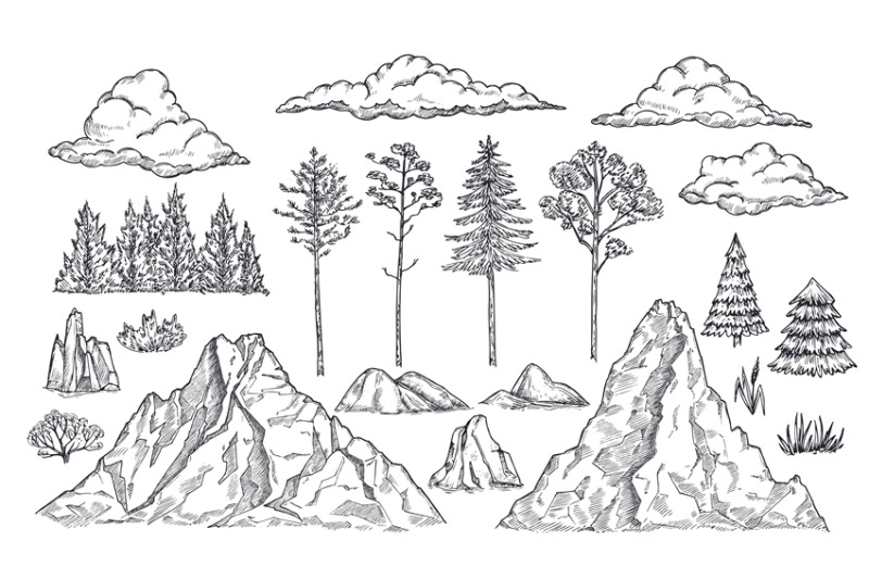 nature-landscape-elements-mount-rocks-trees-and-bush-sketch-isolate