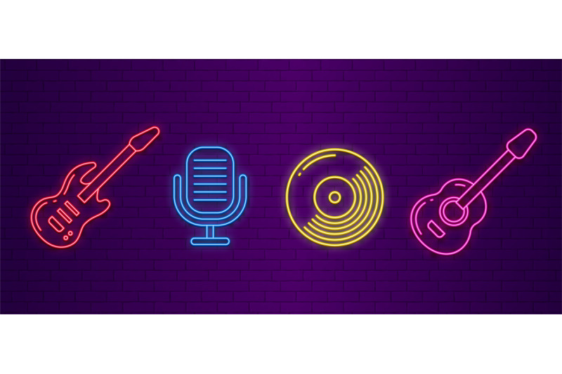 music-icons-neon-musical-instruments-signs-guitars-microphone-and-c