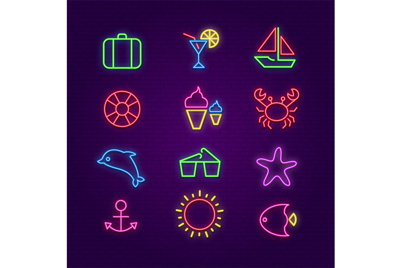 summer-icons-summertime-lighting-neon-symbols-sunglasses-cocktail