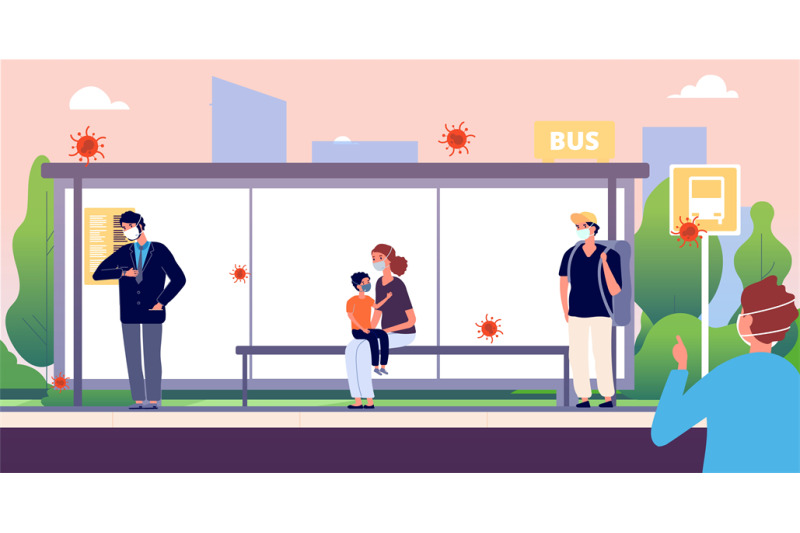 people-on-bus-stop-man-woman-kid-wearing-protective-masks-virus-coro