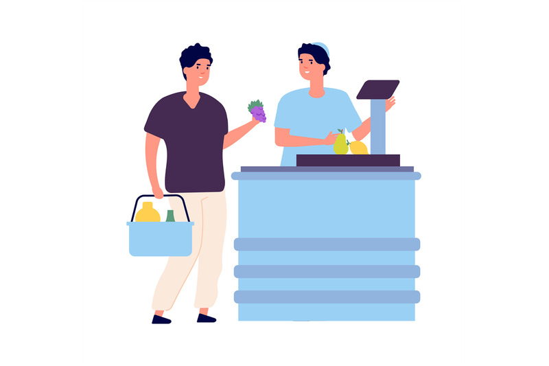 man-buy-food-market-checkout-cashier-and-buyer-grocery-store-flat-s