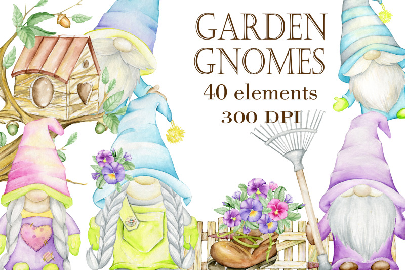 garden-gnomes-clipart-watercolor-spring-clip-art-summer-digital-png