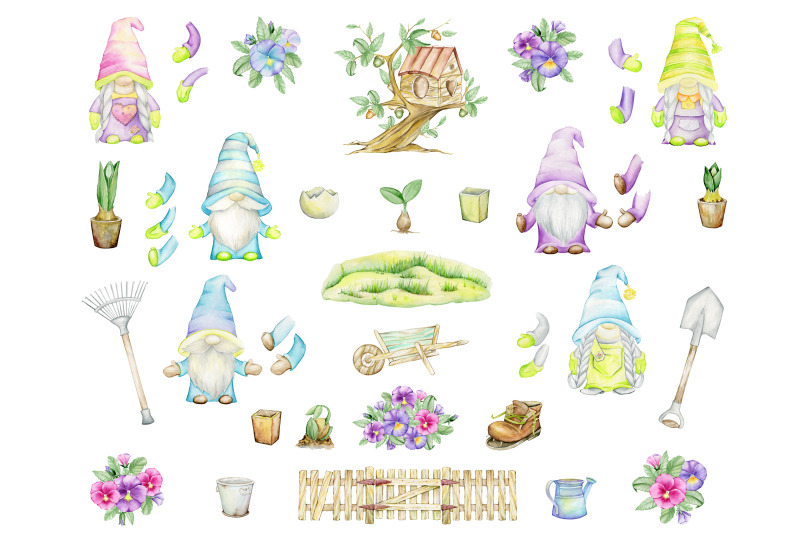garden-gnomes-clipart-watercolor-spring-clip-art-summer-digital-png