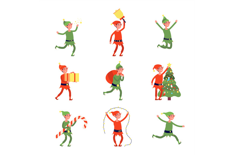 christmas-elves-cartoon-elf-flat-santa-helpers-holding-present-bag