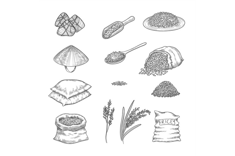 doodle-rice-agricultural-nature-collection-of-rice-sacks-grains-vecto