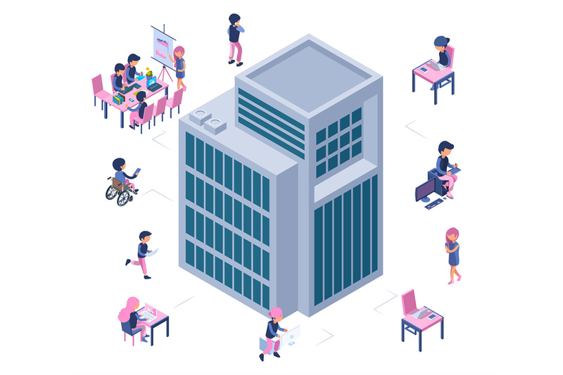 modern-business-office-isometric-building-and-business-people-vector