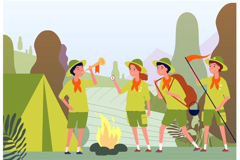 camping-scouts-campfire-in-forest-and-happy-kids-in-uniform-sitting-o