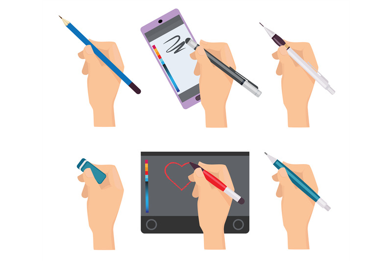 hands-holding-pen-writing-items-pens-markers-tools-for-writers-vector