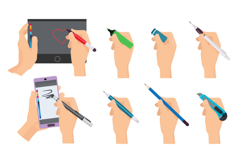 hands-writing-writers-holding-pen-and-pencil-vector-cartoon-tools