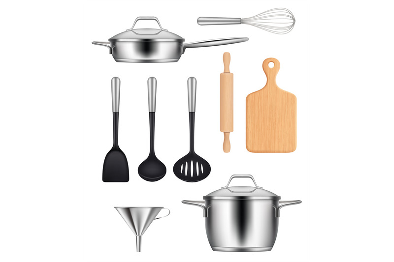 kitchen-utensils-pans-steel-pot-griddles-knives-items-for-cooking-foo