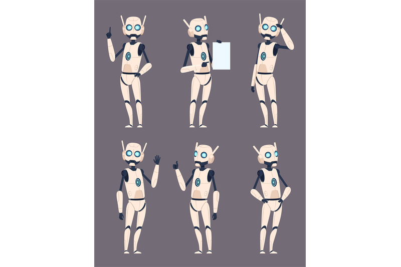 android-characters-cyborg-in-different-poses-standing-pointing-humano