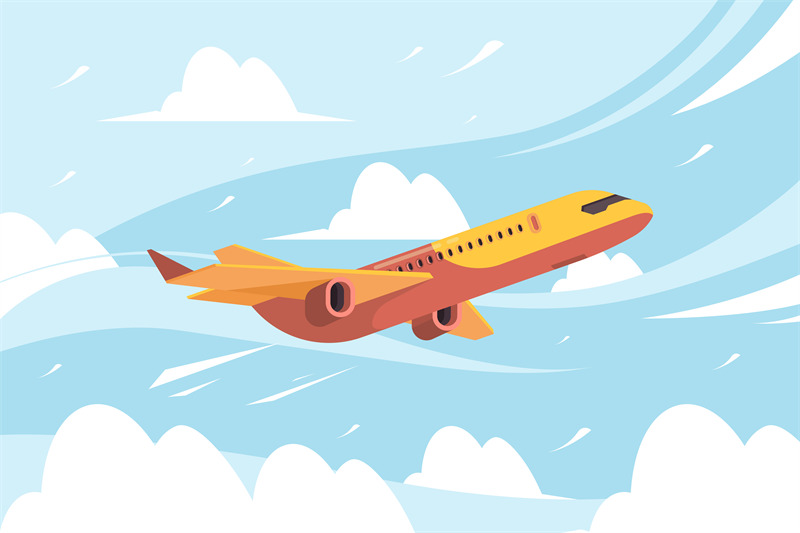 airplane-in-sky-flying-civil-aircraft-transport-in-clouds-vector-flat