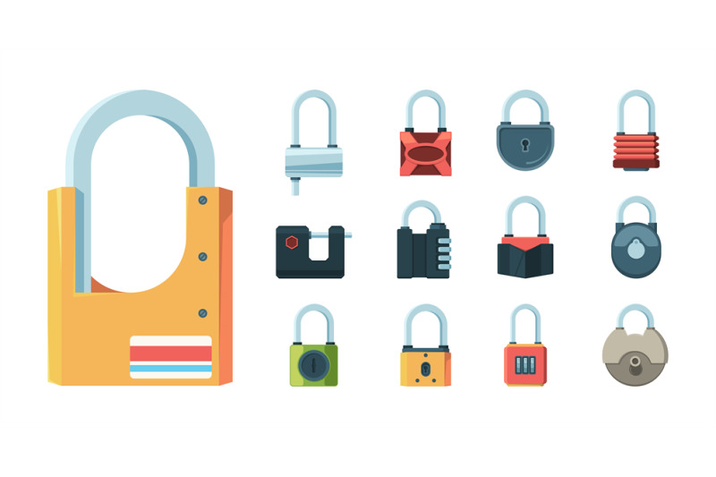 lock-set-padlock-key-prison-secret-code-door-symbols-vector-flat-illu