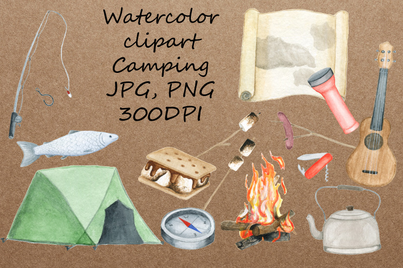 watercolor-clipart-camping-hand-draw-travel-items-jpg-png