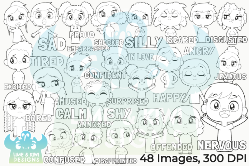 african-american-kids-emotions-digital-stamps-lime-and-kiwi-designs