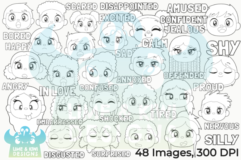 african-american-kids-emotions-faces-digital-stamps
