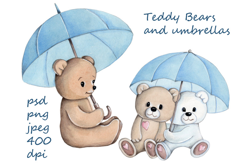 two-teddy-bears-under-umbrella-watercolor-illustrations