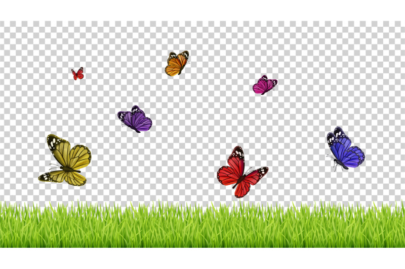 spring-background-realistic-grass-color-flying-butterflies-isolated