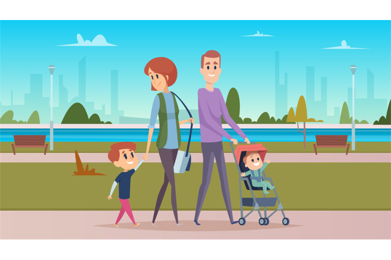 family-walk-in-city-park-happy-parenthood-cute-cartoon-babies-mothe