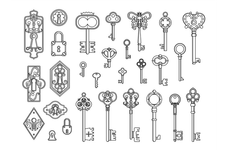 vintage-locks-and-keys-sketch-keyhole-victorian-style-padlock-medie