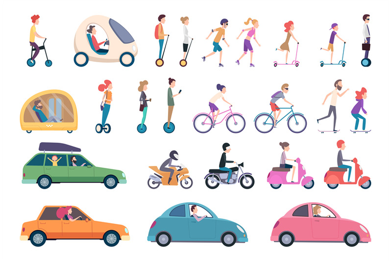 city-transport-people-driving-cars-scooter-bike-hoverboard-segway-urb