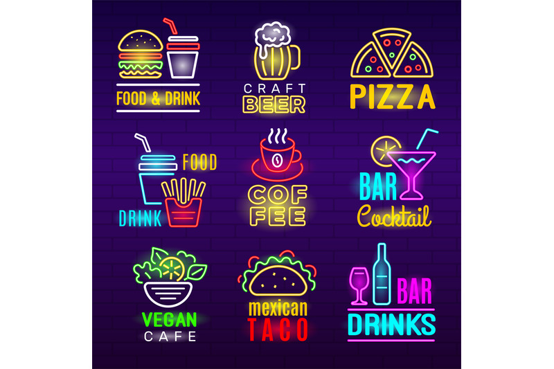 food-neon-icon-beer-drinks-light-advertising-emblem-pizza-craft-produ