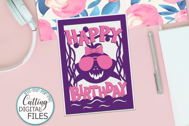 girl-birthday-shark-card-for-paper-cut-template-svg-dxf-file