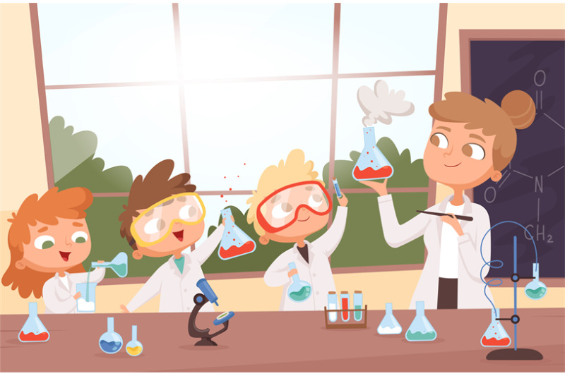 chemistry-lesson-little-science-kids-boys-and-girls-making-researchin