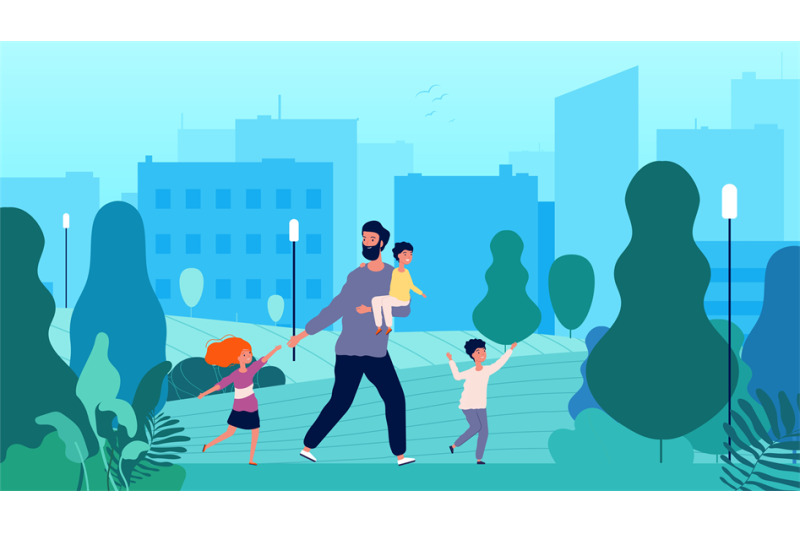 single-father-lonely-man-walking-with-kids-in-park-male-parenthood