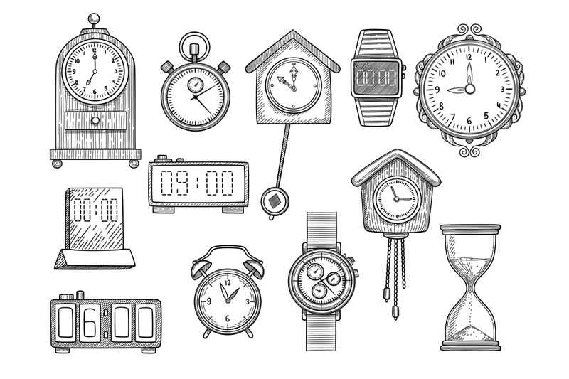 doodle-clocks-watches-timer-alarm-vector-drawings-illustrations-set