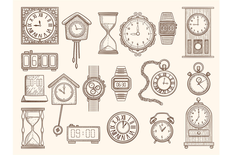 watches-set-drawing-clocks-timers-alarms-vector-pictures-collection