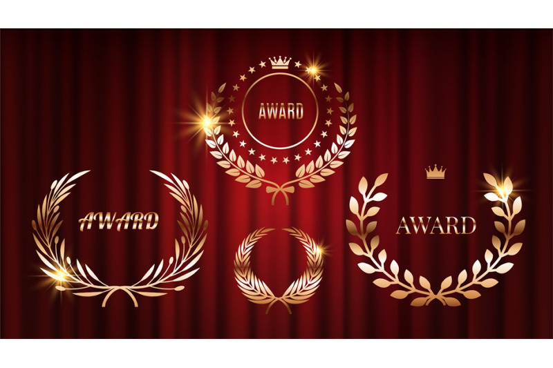 award-signs-shine-laurel-wreaths-on-red-curtains-golden-bronze-celeb