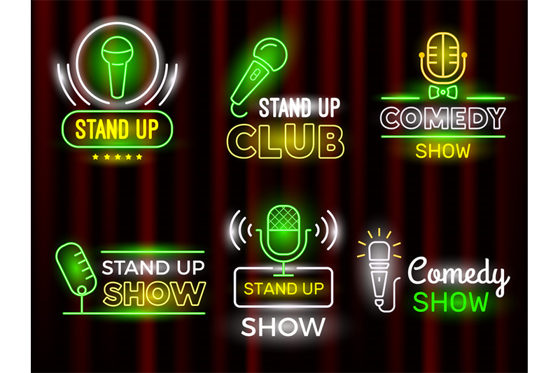 standup-comedy-open-microphone-comedian-symbols-vector-neon-logotype